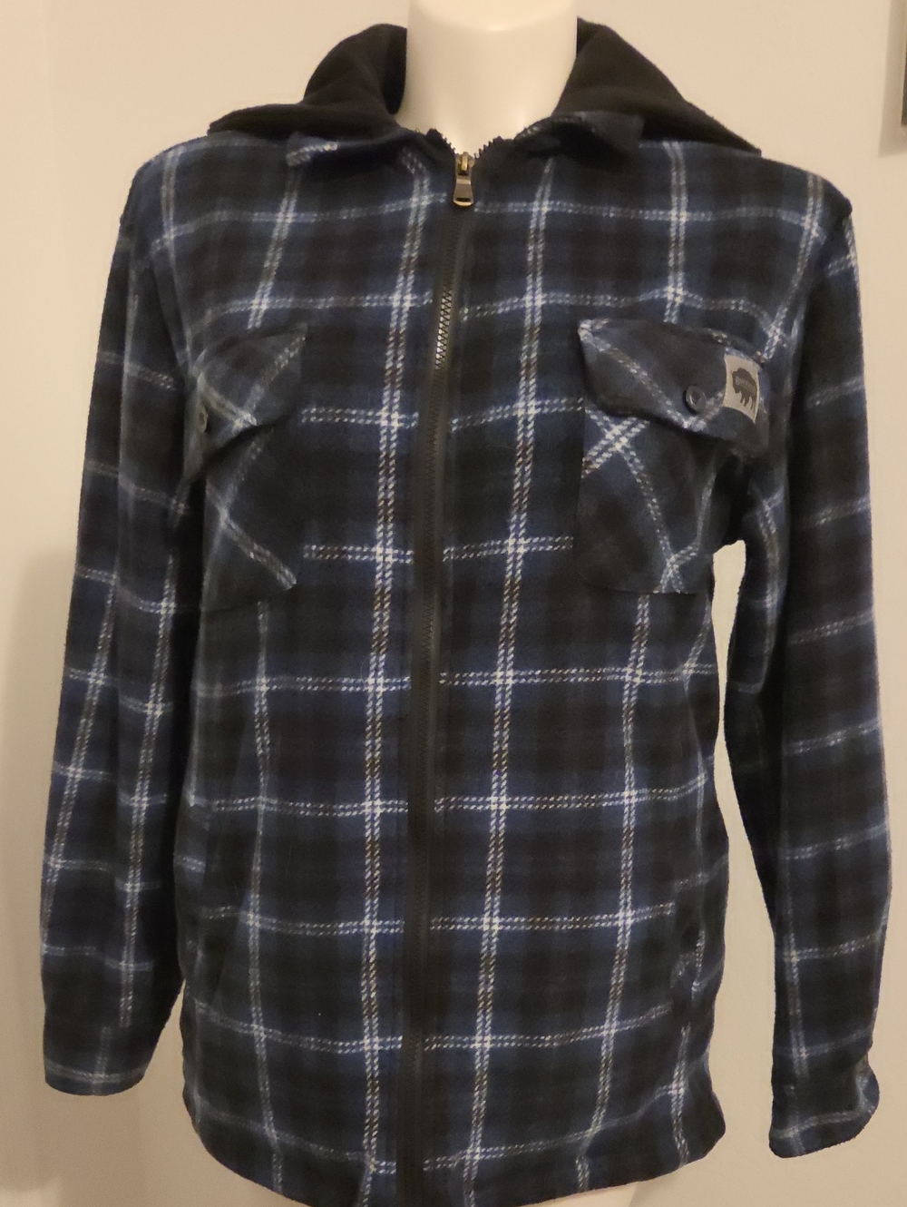Men's Blue Plaid Zip-Up Hooded Shirt Jacket